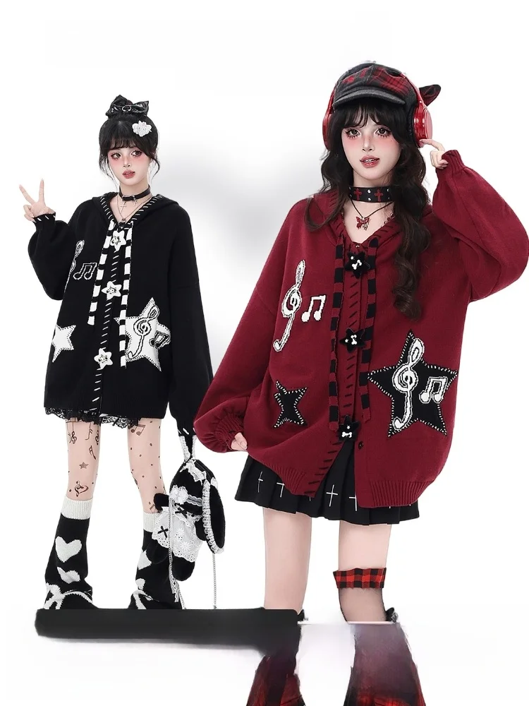 

Crazygirl25 Original Sweet Cool Star Design Свободный свитер-фонарь Све Кардиган Черный Осень Зима V Ne Long Sve