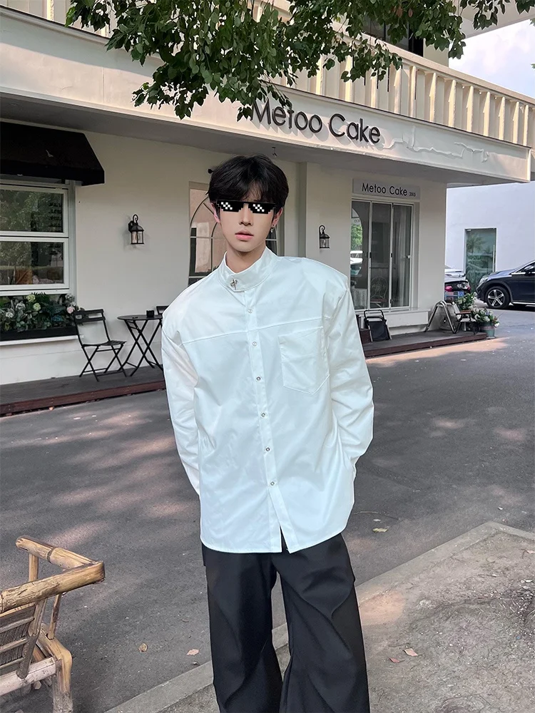 

Cleanfit White Shoulder Padded Men's Long Sleeve Shirt Stand Collar Silhouette High End Feeling Stylish Autumn Fashion Shirt
