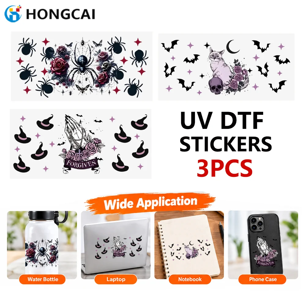 3PCS Gothic Halloween UV DTF Crystal Label Stickers, Transferable Decals for Tumblers, Notebooks & Phone Cases