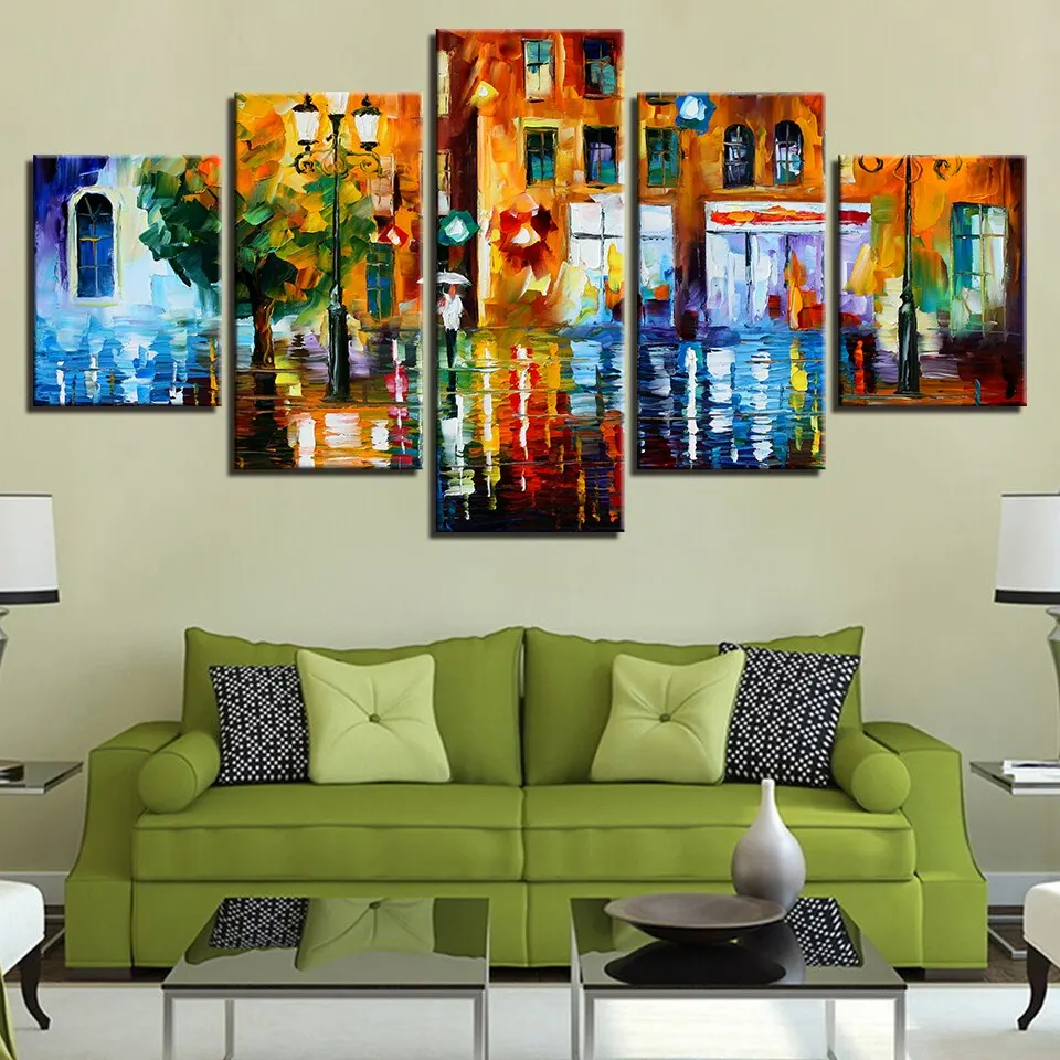 

Abstract 5 Pieces Canvas Art Raining Street Scenery Artwork Posters For Living Room Modern Wall Picture Print Bedroom Home Decor