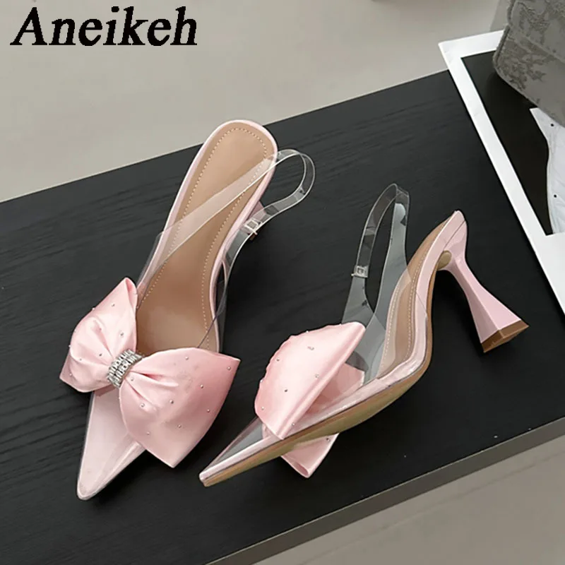 AneikehWomen\'s Crystal Silk Butterfly Knot Decorative Single Shoe 2024 Transparent PVC Pointed SlingbacksHigh HeelsWedding Dress