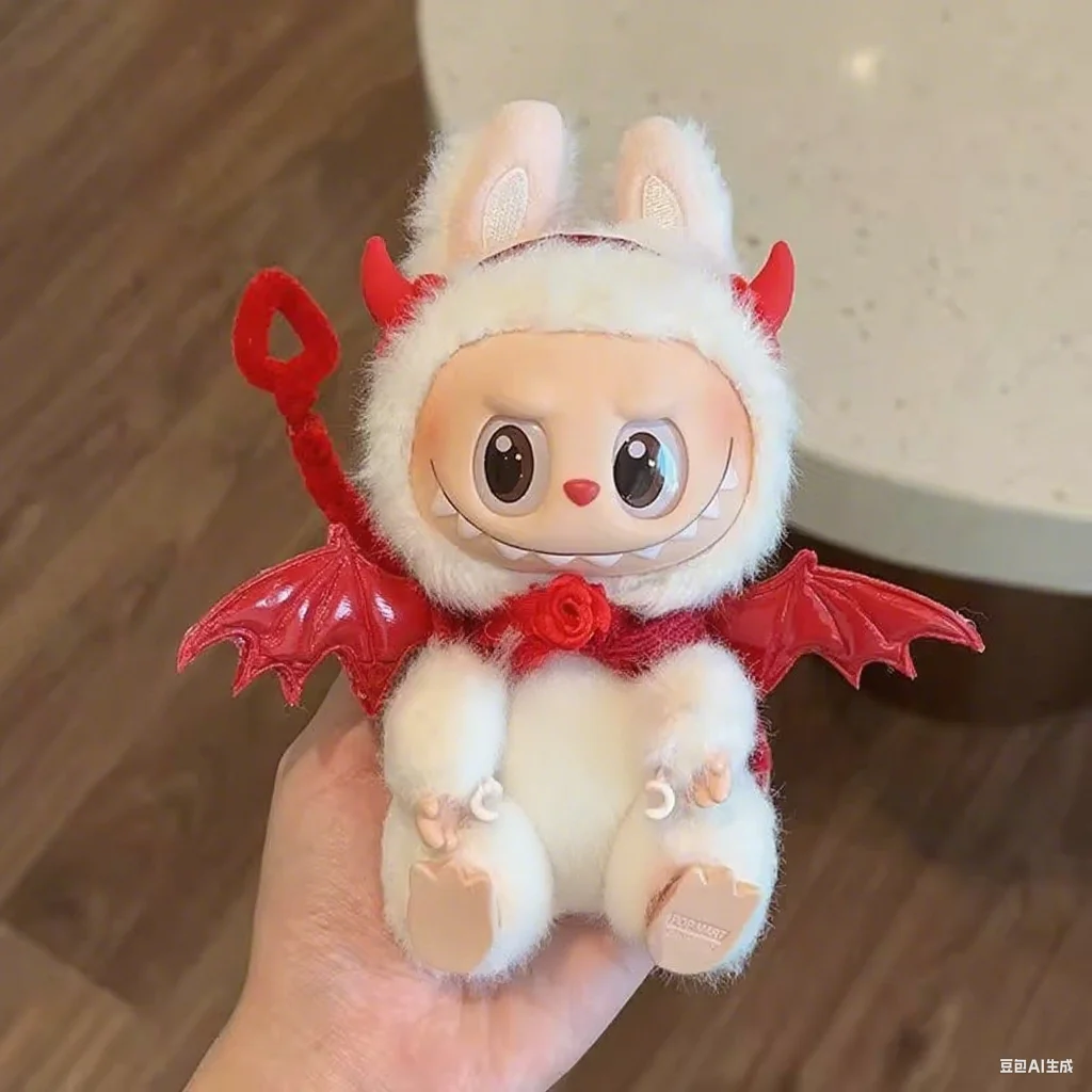 Roupas para bonecas labubu 15 cm 17 cm, 1a a 3a geração, asas vermelhas do pequeno diabo com acessórios para cabelo, chifres