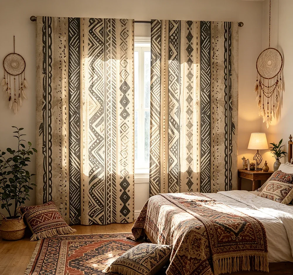 2PCS Digital Printed Curtains, Tribal Boho Pattern Ethnic Hippie, Modern Home Decor Style for Living Room Bedroom Decor