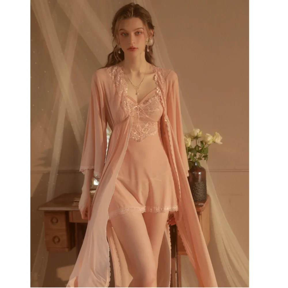 

New Women's Robe Fairy Nightwear Ice Silk Sling V-Neck Lace Lingerie Couple Fun Sexy Temptation Sleepwear Home Clothes Set