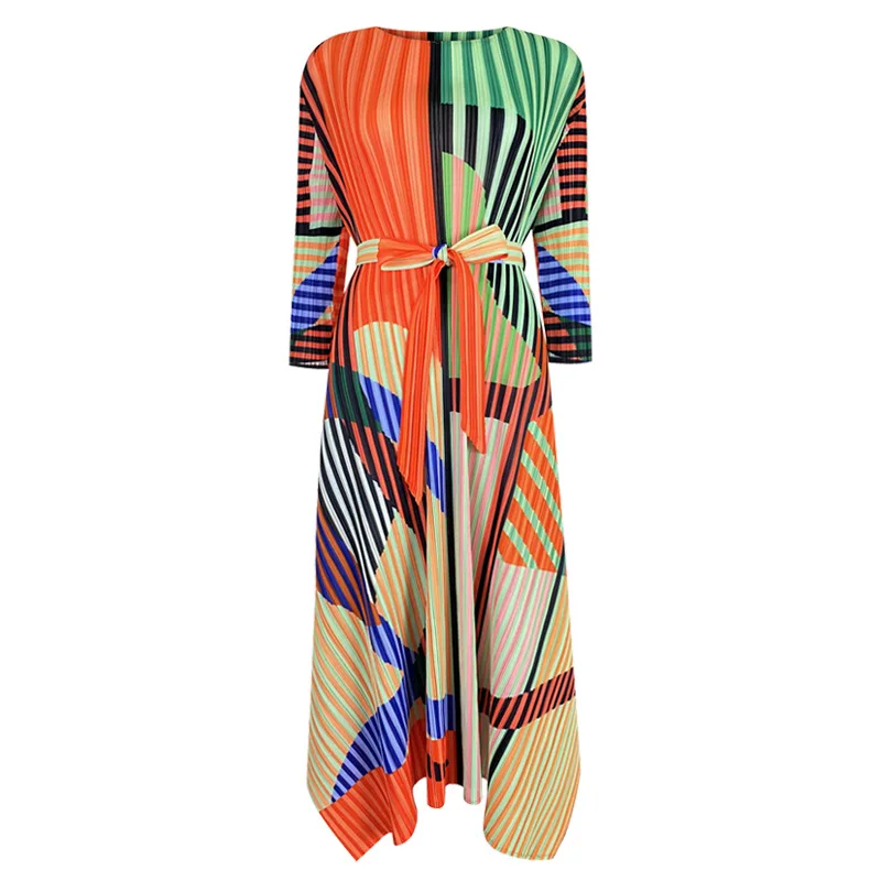 Women's Pleated Printed Dress 2024 Spring/Summer Round Neck Loose Stripe Color Matching Belt Long Dress