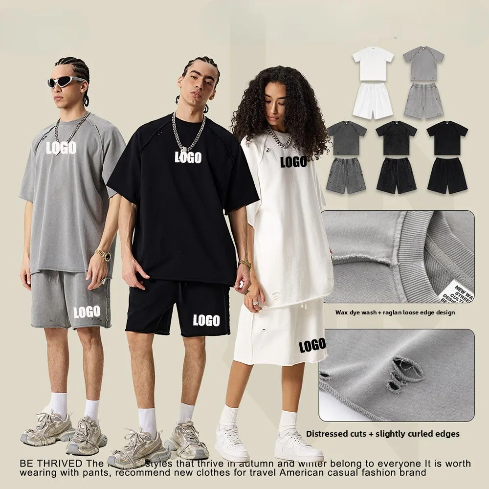 

Custom LOGO Men's 2025 Summer 330G Heavy Retro Ragged Short Sleeve T-Shirt Curling Shorts Casual Couple Two-piece Set
