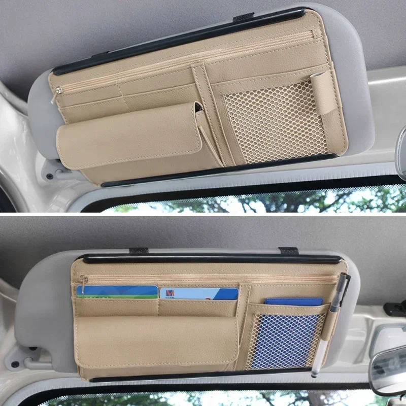 

Full New Car Organizer Sunshade Storage Car Sun Visor Clip Leather Stowing Box Pen Card Ticket Sunglasses Clip Bag Car Accessori