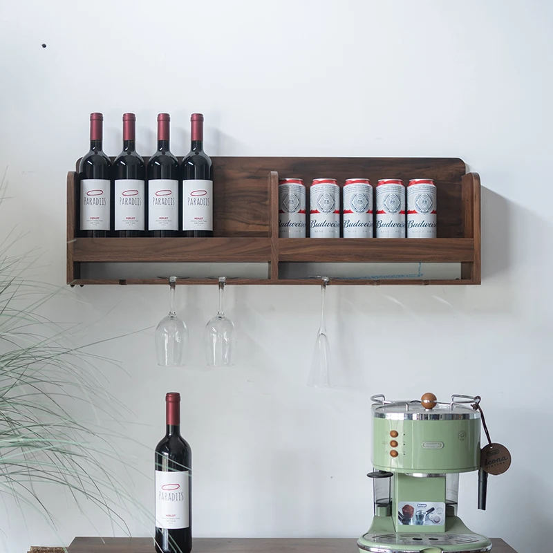 Black walnut solid wood wall mounted red wine rack, minimalist wall storage rack, restaurant home hanging cup rack