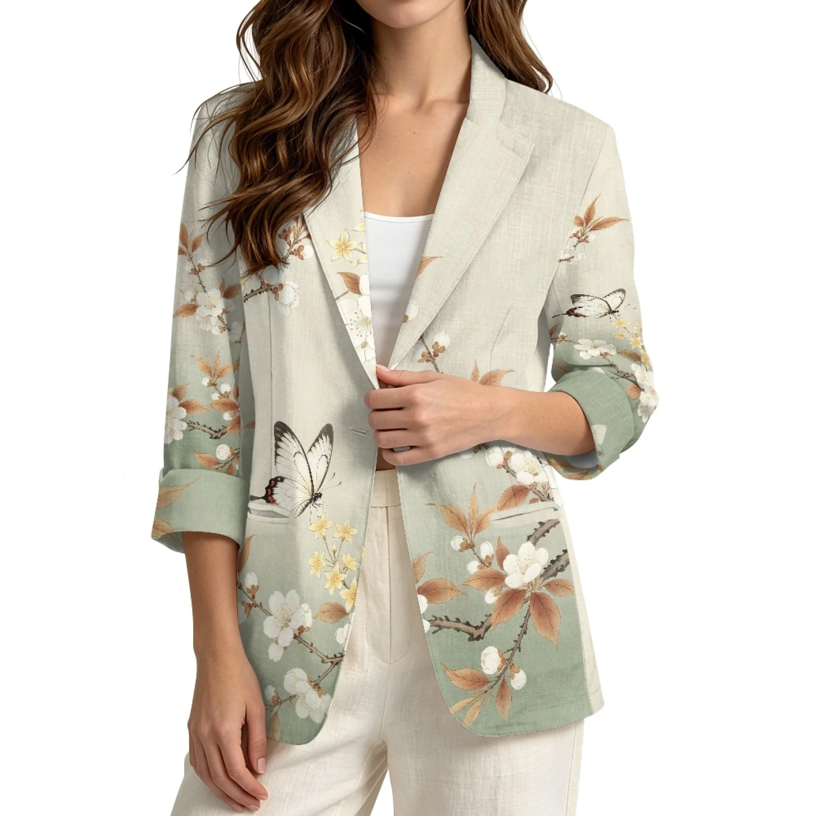 PENSTROLL Flower Butterfly Linen Style Fall Outwear Tops for Office Casual Light Cardigans Layering Tank Jacket