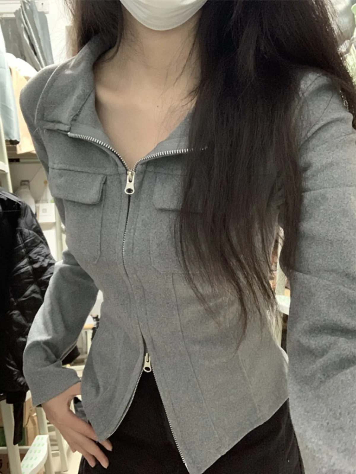 Gray Double Zipper Lapel Long sleeves Shirt Women Spring and Autumn Design Sense  Slim fit Slimming Inner wear Bottoming...