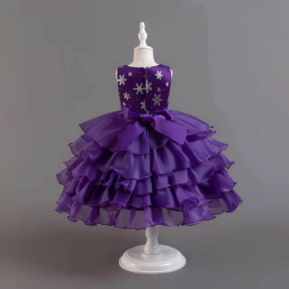 Purple girl fluffy mesh sequin cake dress sleeveless Kids party dress  for 2 to 10 years child holiday clothing