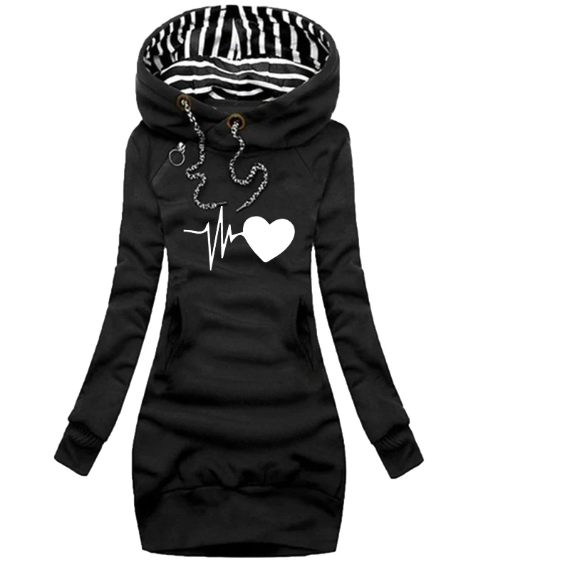 New electrocardiogram Printed Women Autumn Winter Solid Color Long Sleeve Casual Hoodies Dress Sweater Dress S-3XL