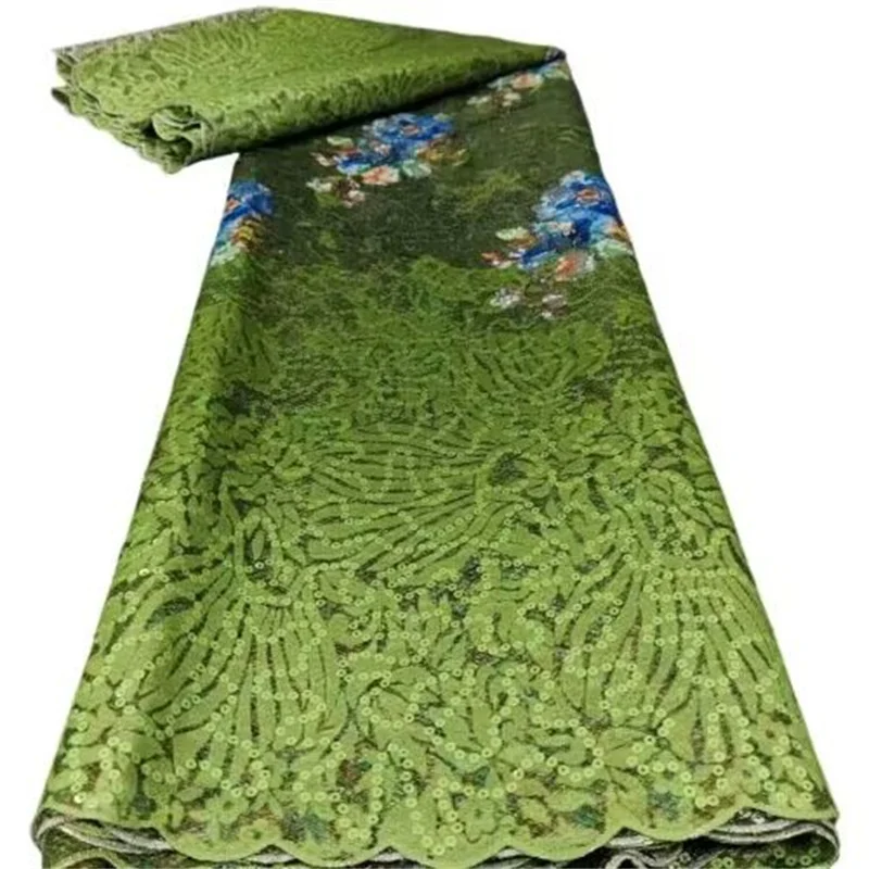 

Модная африканская кружевная ткань, Флокированная вышивка, блестки, вечерние платья для женщин, зеленая сетчатая кружевная ткань, шитье 5 ярдов ткани