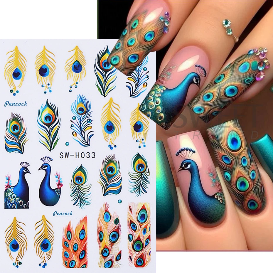 2pcs Peacock Design Nail Art Stickers 3D Blue Green Feathers Simple Elegant Adhesive Slider DIY Manicure Decoration Nail Decals