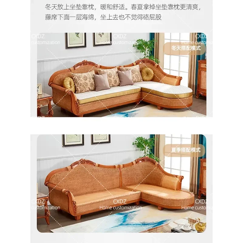 Jade Rattan Real Rattan Corner Sofa Living Room L Shape Solid Wood Furniture
