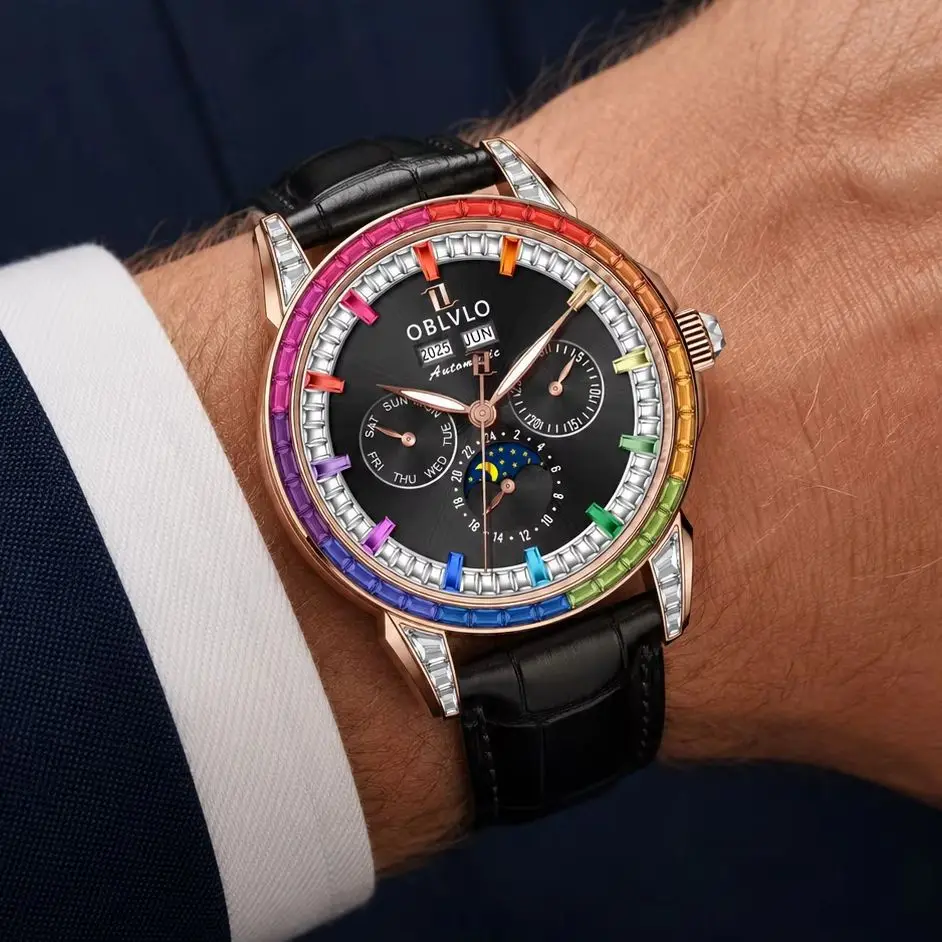 OBLVLO Stylish and luxurious men's automatic mechanical watch featuring a moon phase display and multifunctional design.