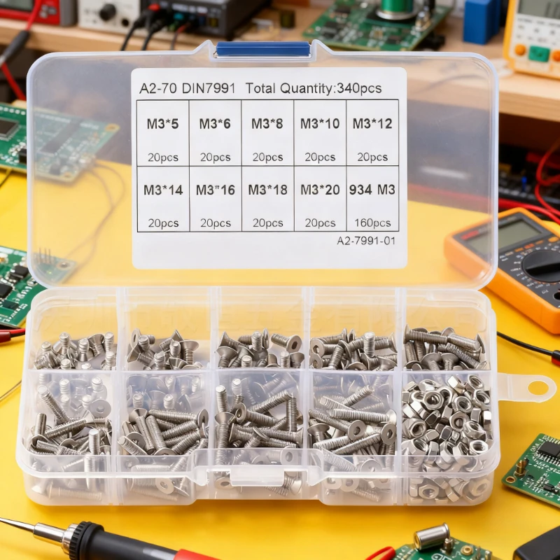 340Pcs M3 screw set ,304 Stainless Steel Hex Socket flat countersunk Head Screws nuts Assortment Kit M3*5/6/8-20for fpv drones