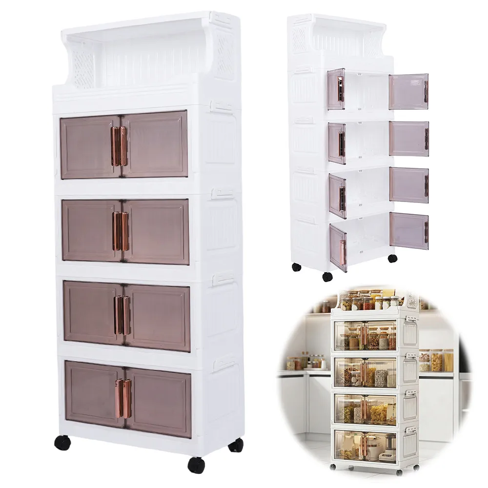 3/4-Tier Stackable Storage Boxes Heavy-Duty Plastic Storage Cabinet Foldable Organization with Door and Wheels Storage Container