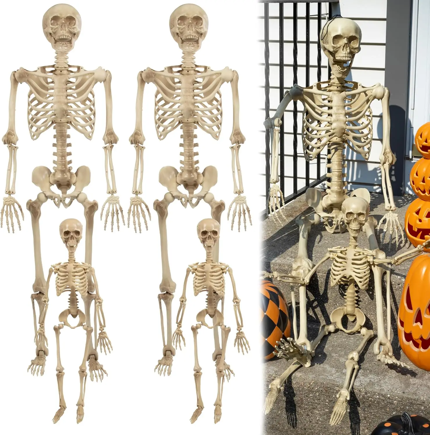 Life Size Posable Human Skeleton Family 4 Pack, 2 Adults 5.4Ft & 2 Children 2Ft, Indoor Outdoor with Bendable Articulated Bones