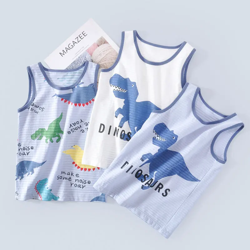 Boys Cotton Underwear Breathable Summer Cool Tanks Top Children Dino Elephants Zebra Prints Topshirt Size 100-160