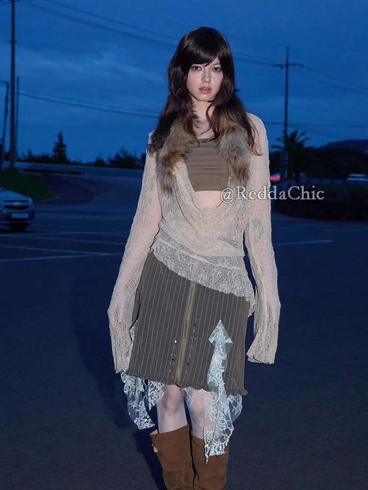 REDDACHiC النساء التستر العصابة مجموعة علوية حمالة أنبوب فو الفراء غرزة القلنسوة الرقبة طويلة الأكمام الدانتيل تي شيرت الرجعية ملابس الحفلات #6