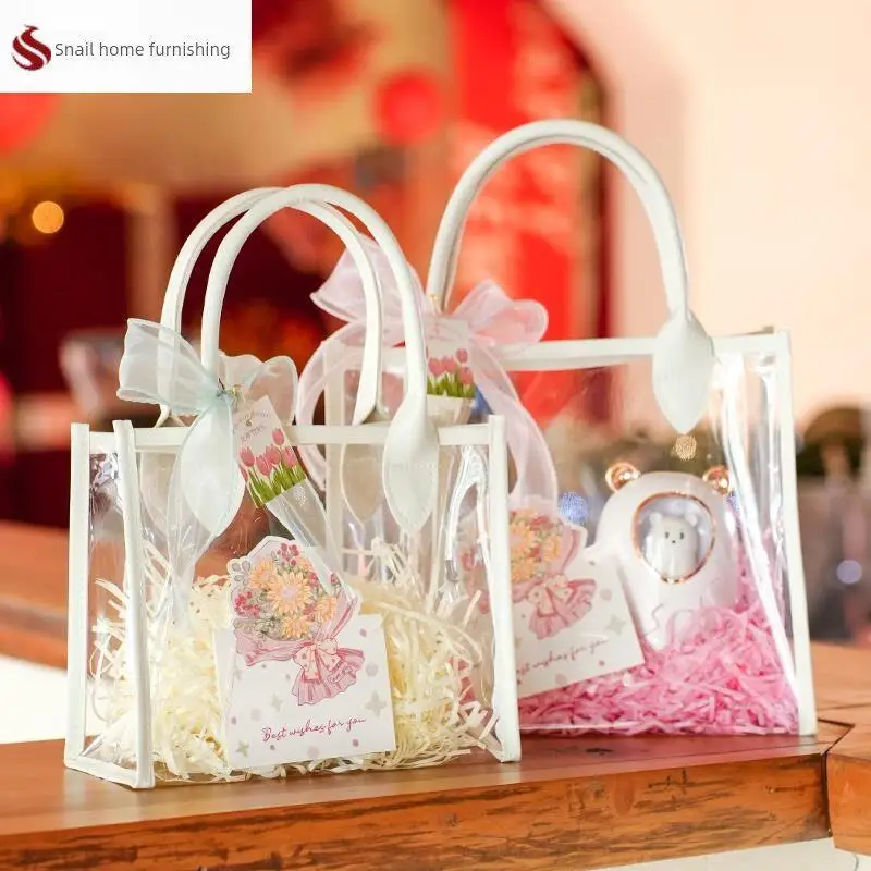 

Transparent Handheld Gift Bag for Women's Day Festival Premium Feeling Acrylic Material Blue Valley Brand Moving Celebration
