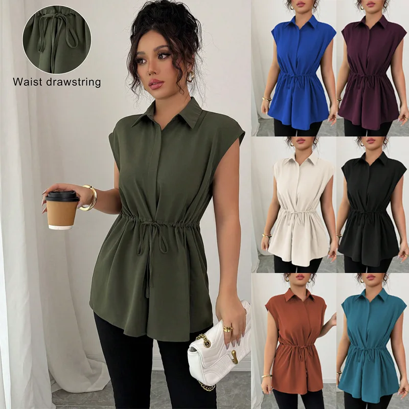 Women's Lapel Drawstring Waist Sleeveless Shirt Style Loose Flattering Slimming Versatile Elegant Comfortable Daily Wear T-shirt