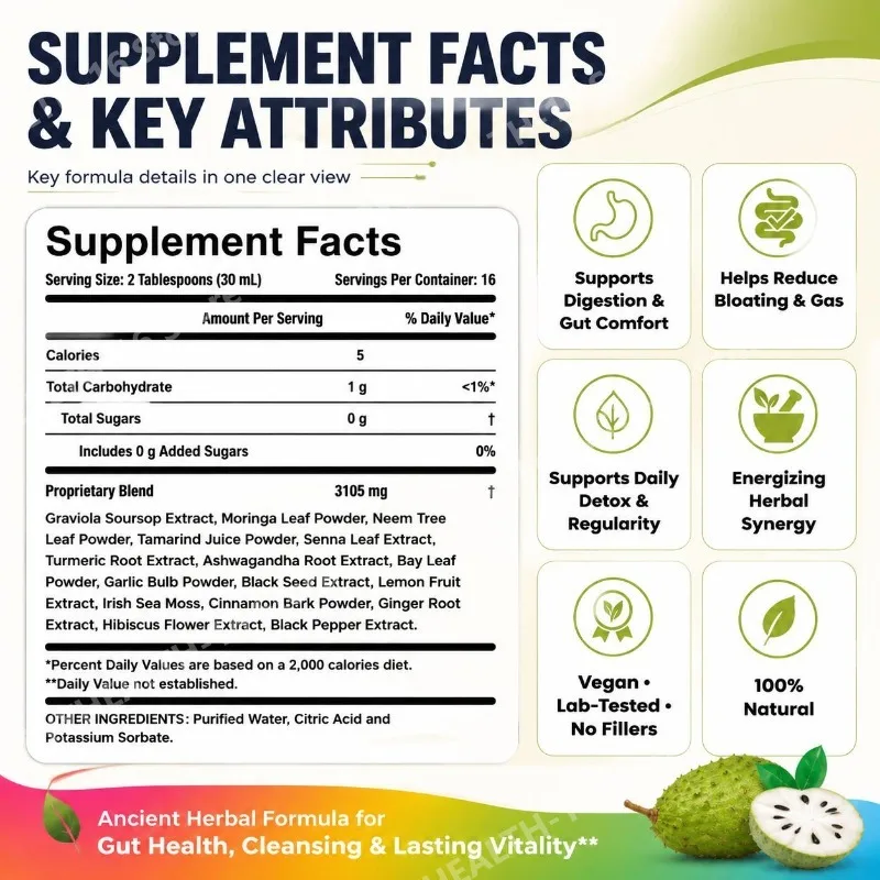 Soursop Bitters Liquid Supports Digestion Helps Reduce Bloating and Gas with Gut Balance Steady Energy Vegan Non-GMO 16 Servings