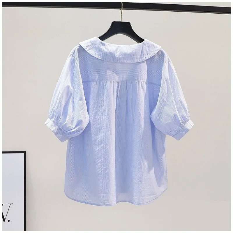 Blue Striped Button Blouse Summer New Polo Neck Short Sleeve Solid Color Loose Youth Shirt Tops Casual Office Women Clothing