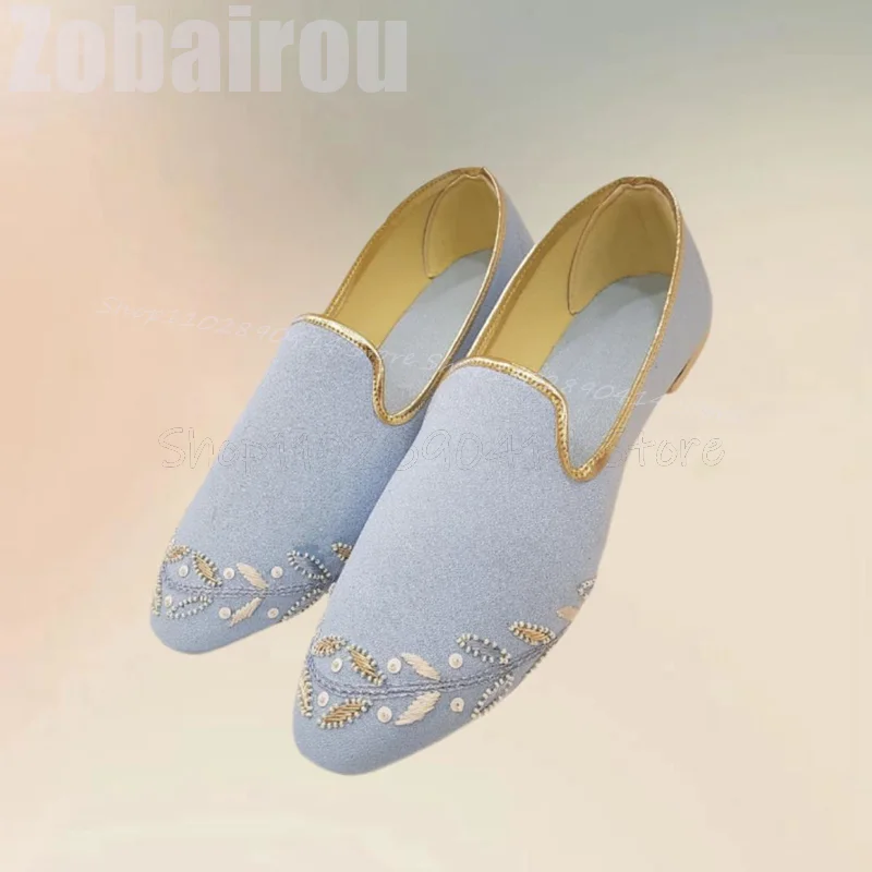 Sky Blue Floral Embroidery Design Penny Loafers Fashion Slip On Men Shoes Luxury Handmade Party Banquet Dating Men Casual Shoes