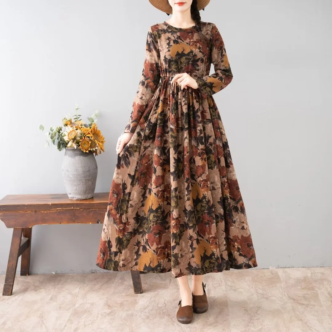 여성용 중간 길이 꽃무늬 프린트 긴 소매 라운드 칼라 캐주얼 통근 가을 시즌 패션 숙녀 드레스 우아한 TS724