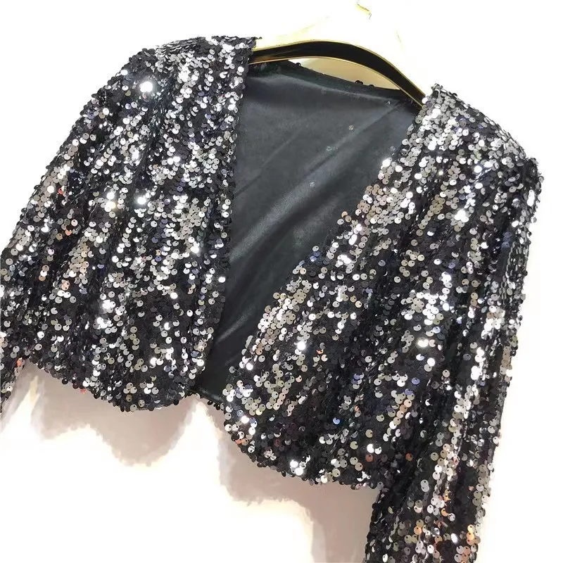 Women's Medium Weight Collarless Slim Fit Long Sleeve Sequin Jacket European And American Style Streetwear Woman Clothing Tops