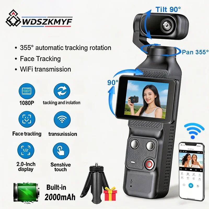 1080P HD Vlog Handheld Pocket Camera 355° AI Face Tracking Gimbal Stabilizer 2' Touch Screen WiFi Sports Action Cam for Vlog