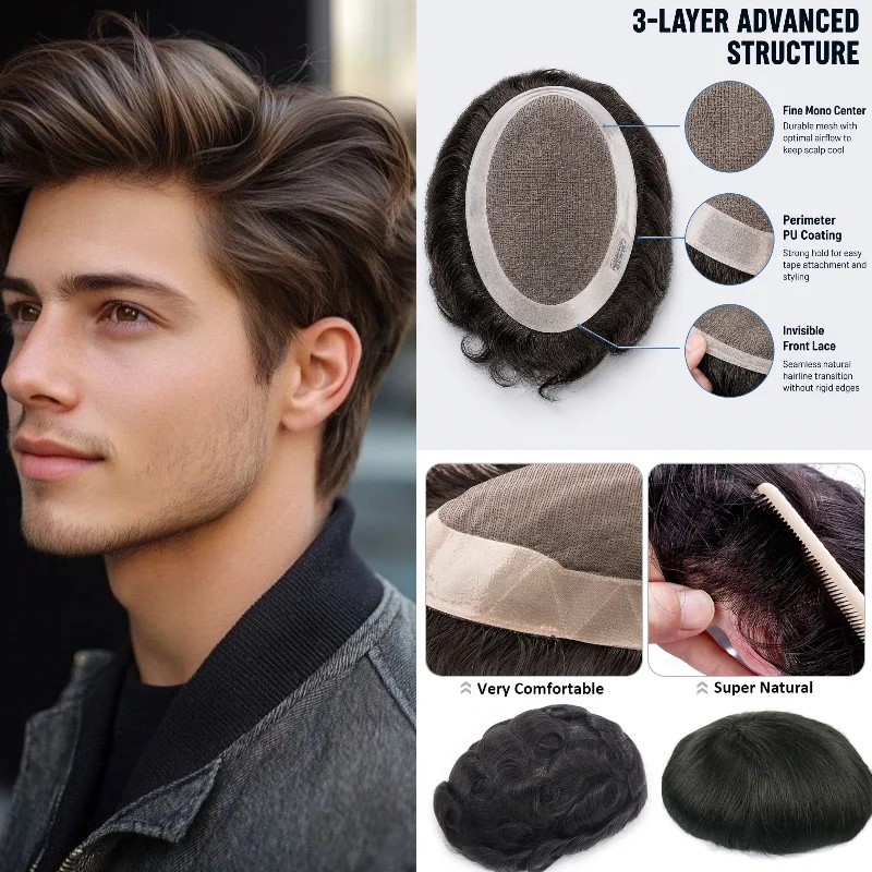 100% Human Hair D7-3 Mono Base Men Wig 6x8 6inch 30mm Wave Mono+NPU Hand-Tied Remy Hair For Office Look 72H Dropship Free Tape