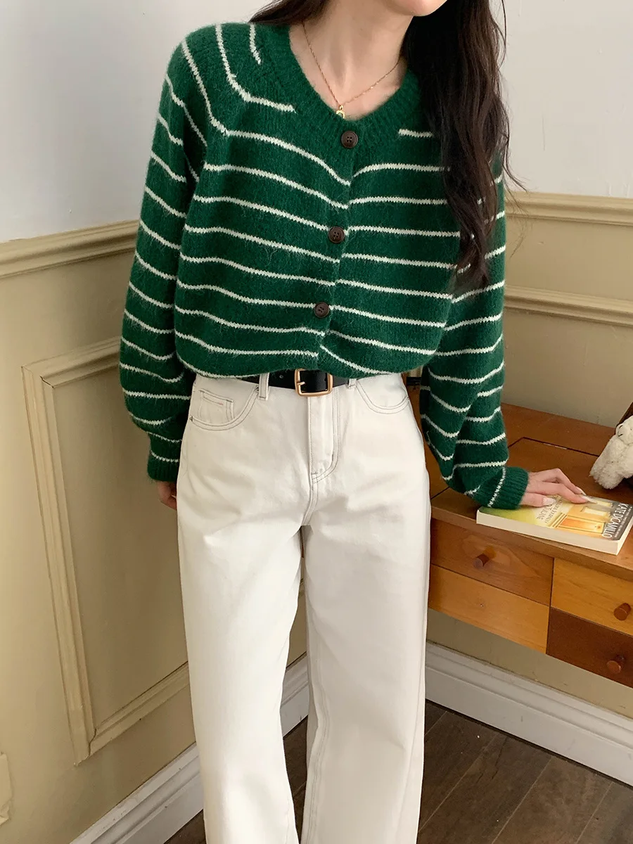 Kardigan Rajut Wanita Kasual Longgar Bergaris Lengan Panjang Model Baru Musim Gugur Nyaman Dipakai