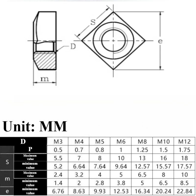 40pcs /din557 M3 M4 M5 M6 M8 M10 M12 304 A2-70 Stainless Steel Metric Threaded Square Nut Foursquare Quadrate