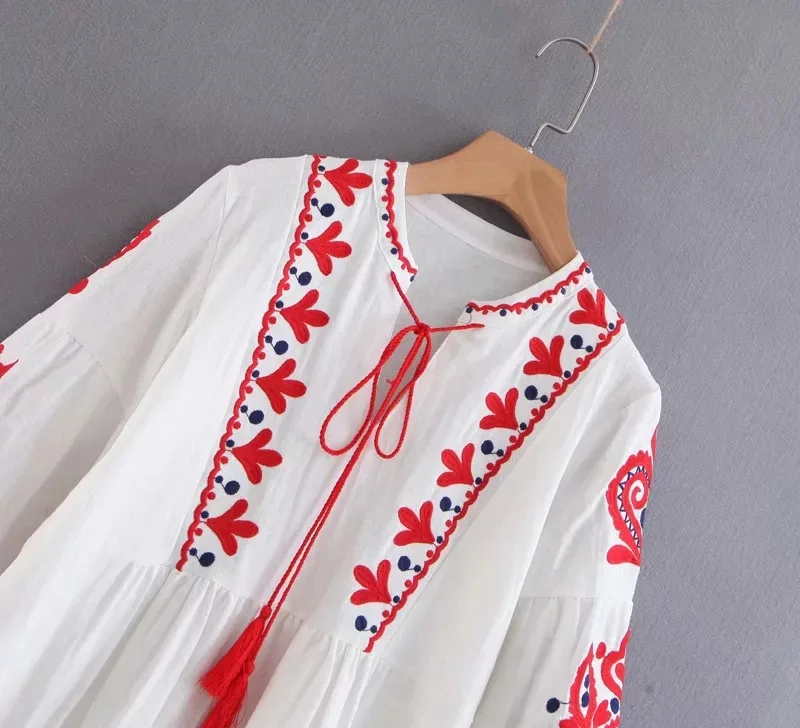 Spring Autumn Vacation Tourism Bow Tie Neck Dress Women Loose Elegant Ethnic Lantern Sleeve Cute Embroidered Floral Cute Dresses