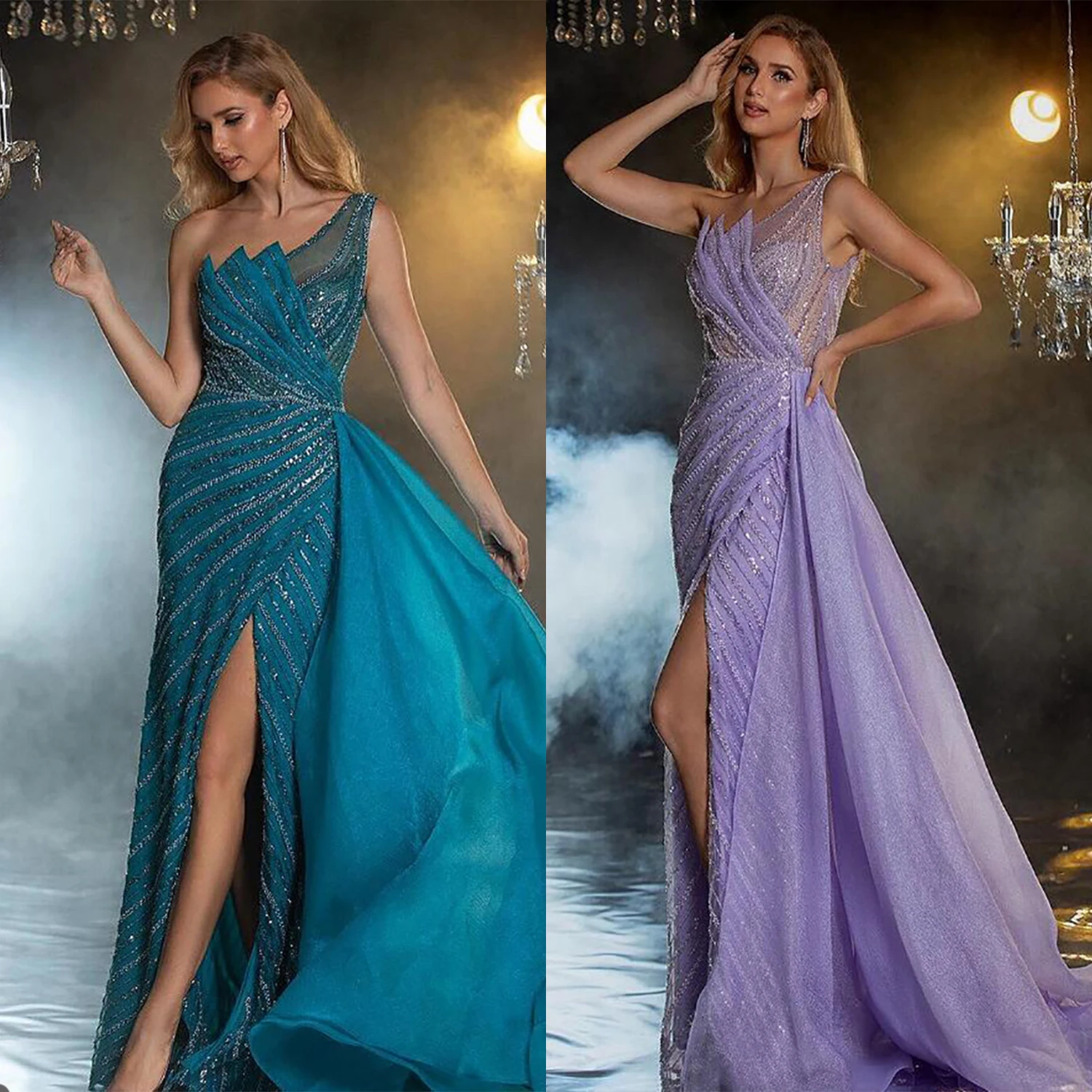 Fashion Shiny A Line Evening Dresses Side Split Sequined Applique Beaded Gowns Sweep Train Vestidos De Noche Formal Prom Dress