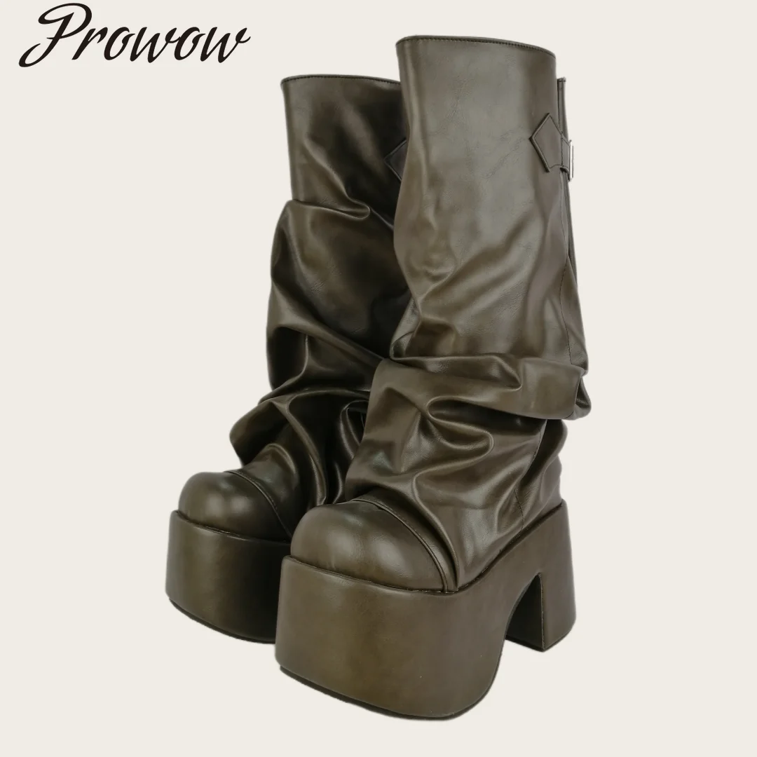 

Модные сапоги до колена на платформе с пряжкой и круглым носком на толстом каблуке, женская обувь Zapatos Mujer