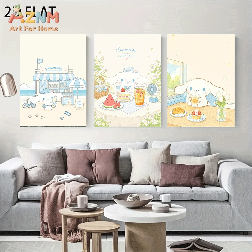 AZNM Cinnamoroll Canvas Wall Art Unframed Cute Cartoon Print Poster Beach Snack Shop Watermelon Juice Croissant Tulip Flower Sum