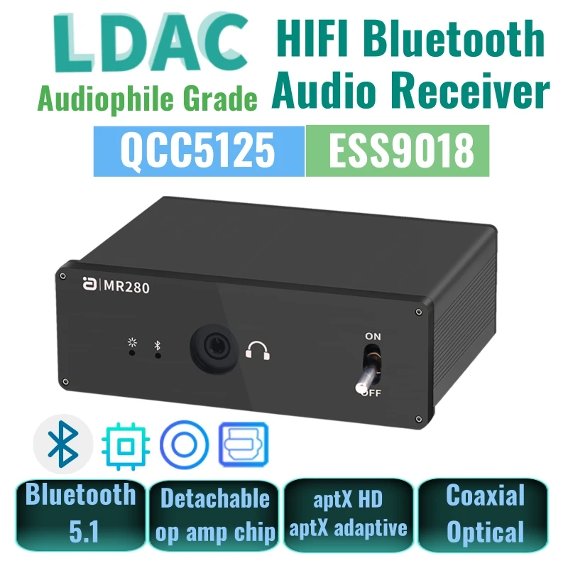 DAC Bluetooth 5.1 Audio Receiver Hi-Res for Headphone&Amplifier&Speaker Wireless Adapter QCC5125 ES9018 aptX HD For Home Stereo