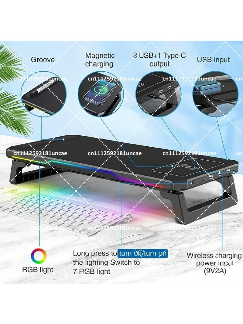 RGB Height-Adjustable Monitor Stand with Docking Station, Desktop Storage Rack, Folding LED Stand for Desk