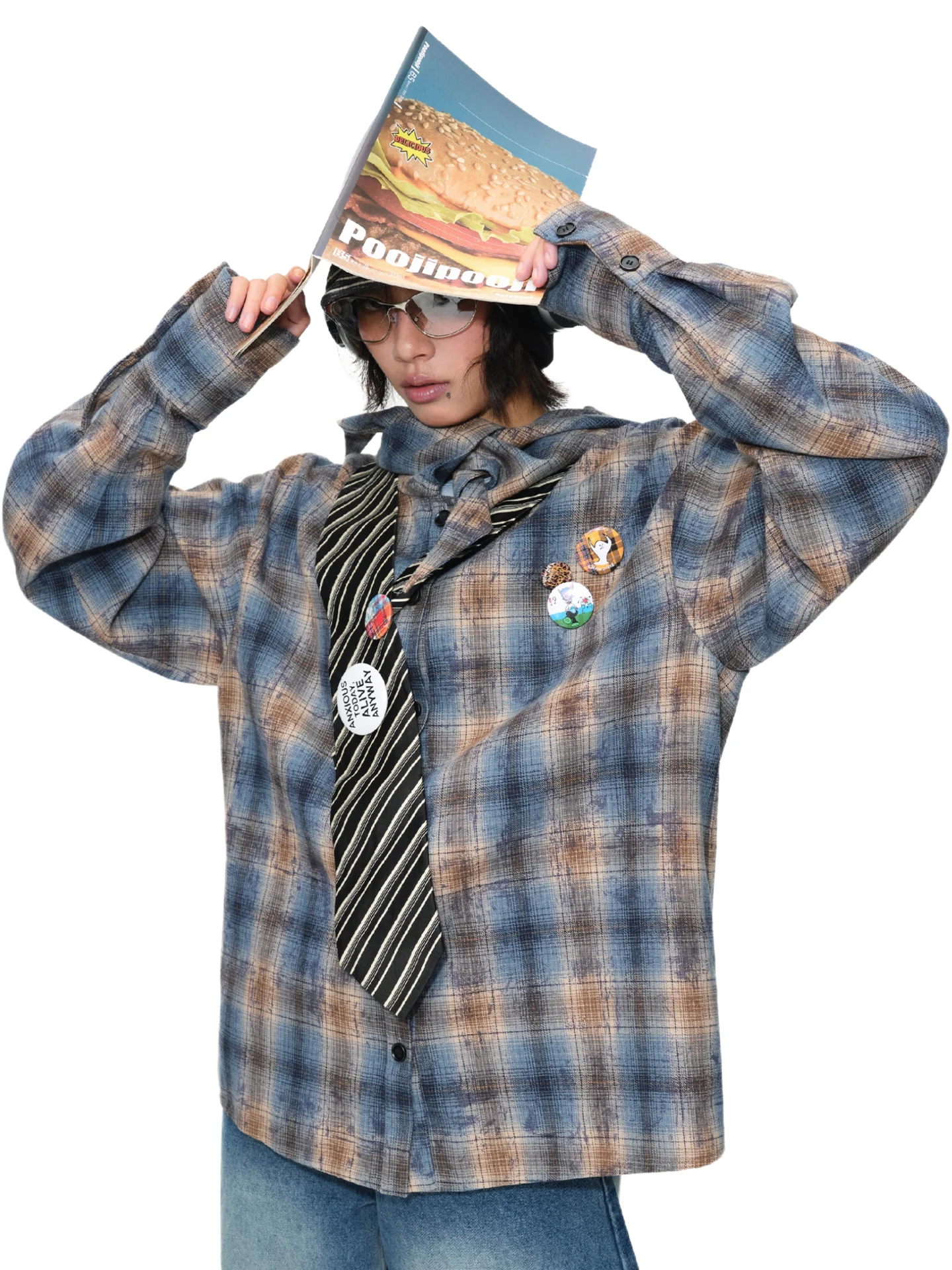 

Свободная повседневная толстовка-куртка унисекс Oink Oink с капюшоном, в сине-коричневую клетку, с длинными рукавами, из полиэстера