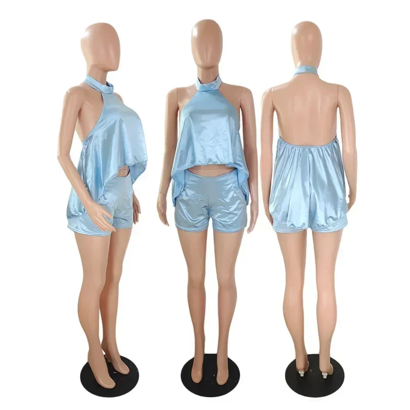 GUWU Satin Sexy Open Back Loose Asymmetrical Halter Crop Top and Shorts Suit Matching Two Piece Set Women Sexy Party Outfits