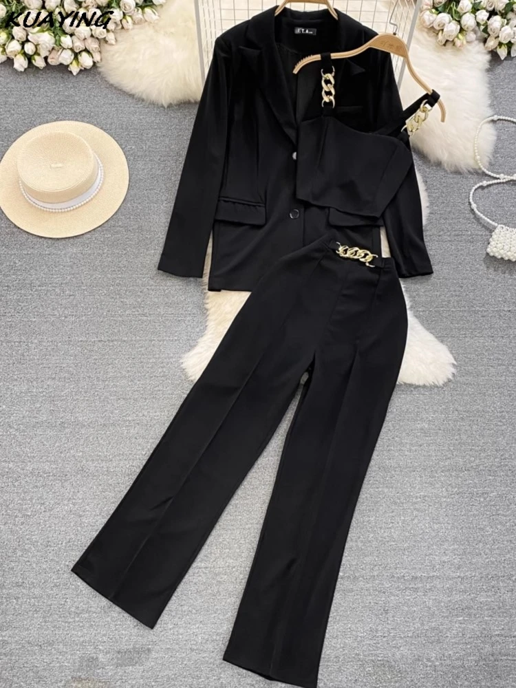 Korean Fashion Women Pantsuits Vintage Blazer Jackets Spaghetti Strap Vest Straight Pants 3 Pieces Set Female Formal Outfits New