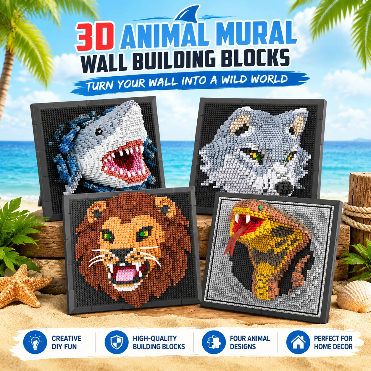 Creative Wall Art Frame Painting Featuring Wolf Lion Shark DIY 3D Micro Animal Building Block Toy for Adults Home Decor Gifts