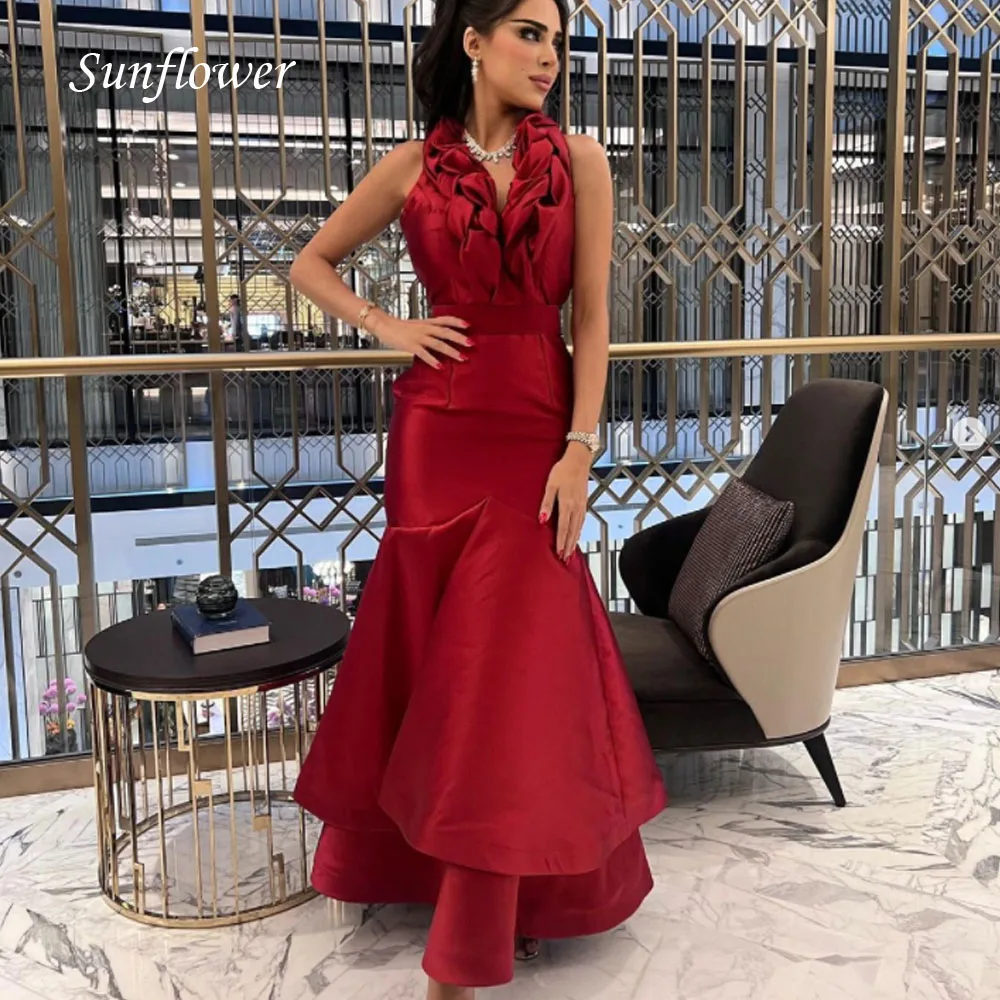 

Sunflower Simple Red Halter Formal Evening Dress 2023 Slim Tiered Pleat Satin Ankle-Length Mermaid High-end Custom Prom Gowns