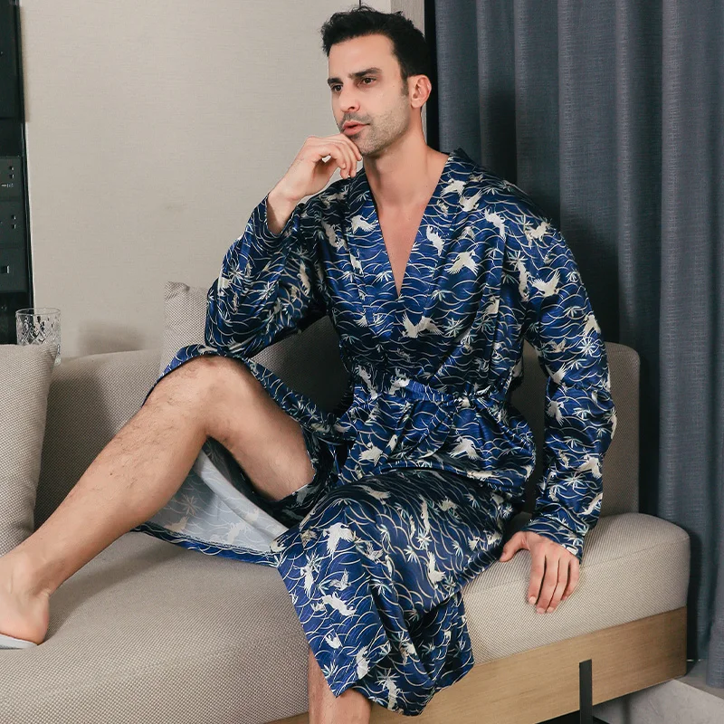 Pajama men\'s spring and autumn silk thin style oversized pajamas long sleeved bathrobes ice silk bathrobes home clothing summer