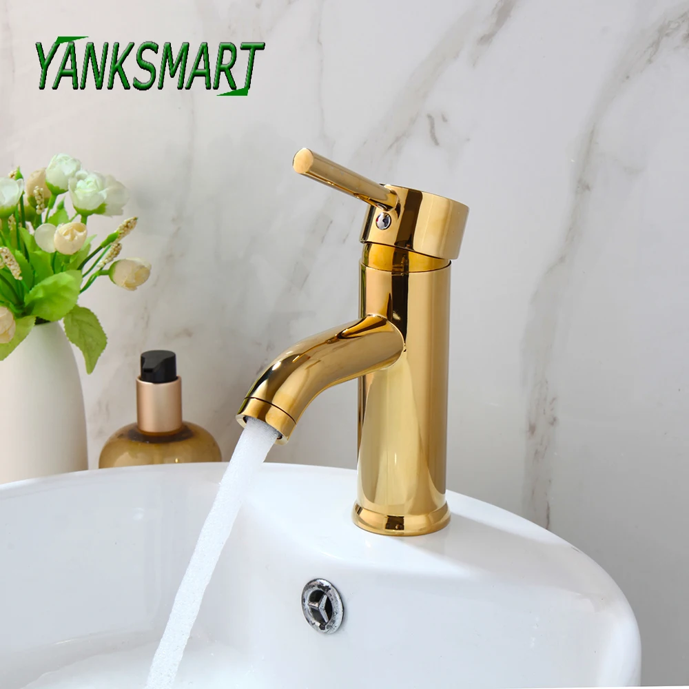 

YANKSMART Gold Polished Bathroom Basin Sink Faucet Single Handle Faucets Deck Mounted Taps Cold And Hot Water Mixer Water Tap