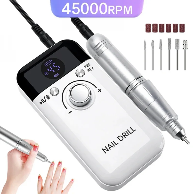 45000RPM Rechargeable Nail Drill, Low Noise Portable Nail Sander File for Salon & Home Manicure
